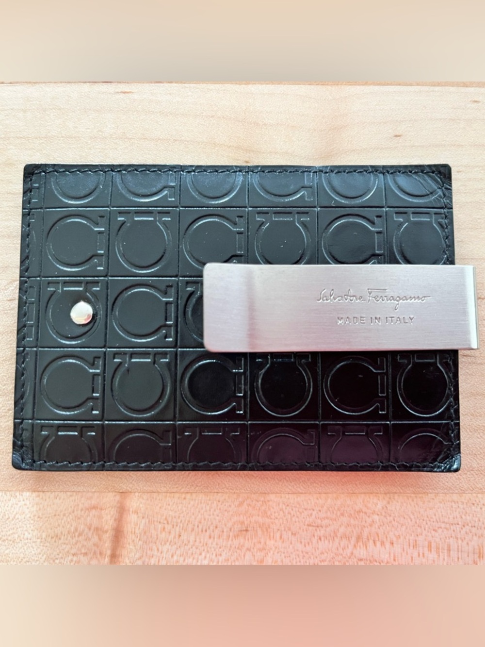 Salvatore Ferragamo Gamma Black Embossed Leather Money Clip